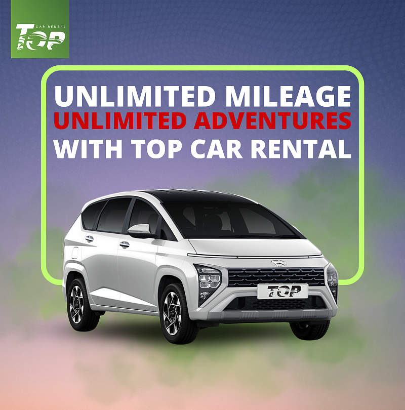 Hyundai Stargazer rental promotion highlighting Unlimited Mileage with Top Car Rental Manila.