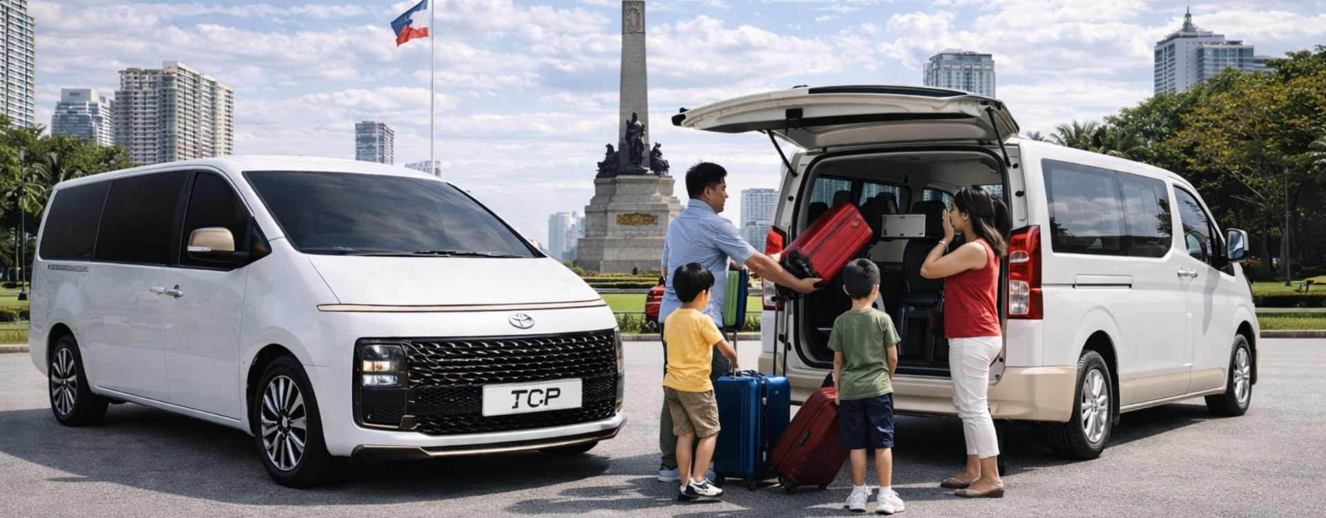 Family loading luggage into rental van in Manila