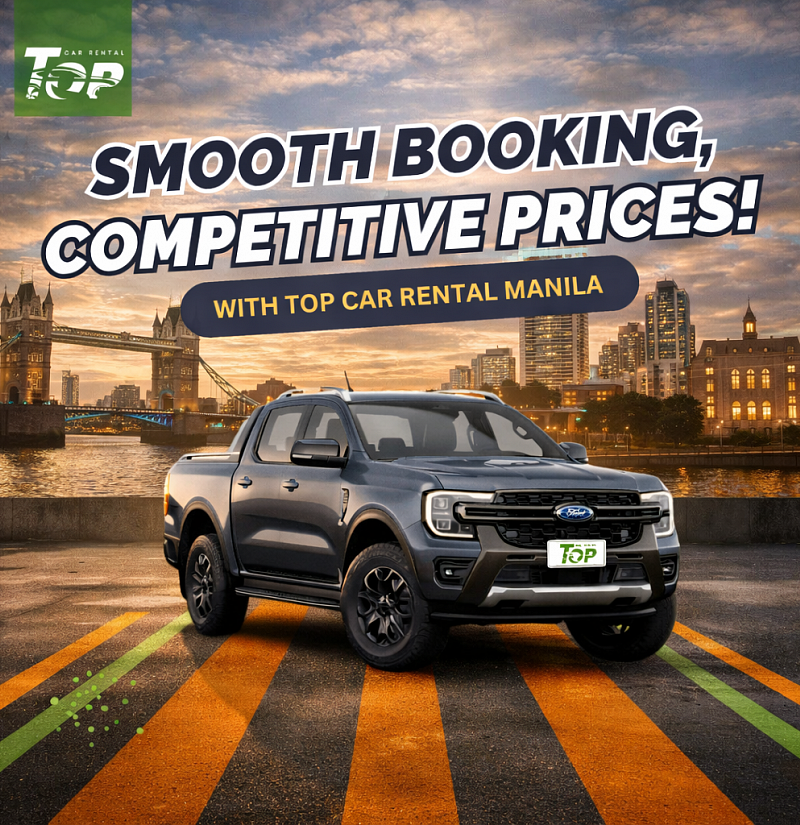 Hyundai Staria van and Ford Everest SUV against Manila skyline promoting van and SUV rentals in Manila.