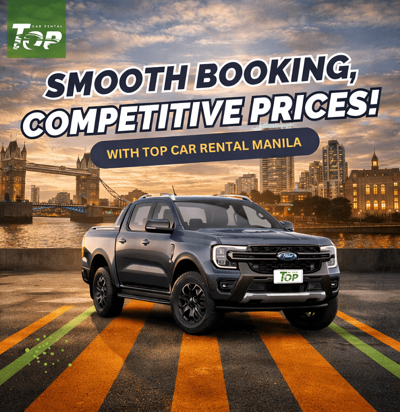 Hyundai Staria van and Ford Everest SUV against Manila skyline promoting van and SUV rentals in Manila.