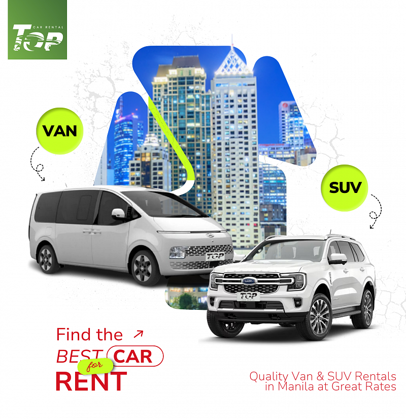 Hyundai Staria van and Ford Everest SUV against Manila skyline promoting van and SUV rentals in Manila.