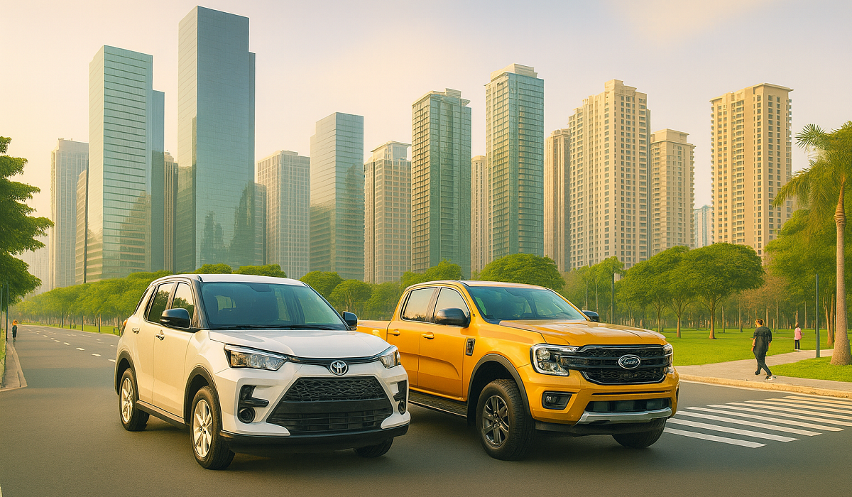 Two rental SUVs parked in Bonifacio Global City (BGC) Taguig with modern skyscrapers in the background, representing Top Car Rental Manila’s services.